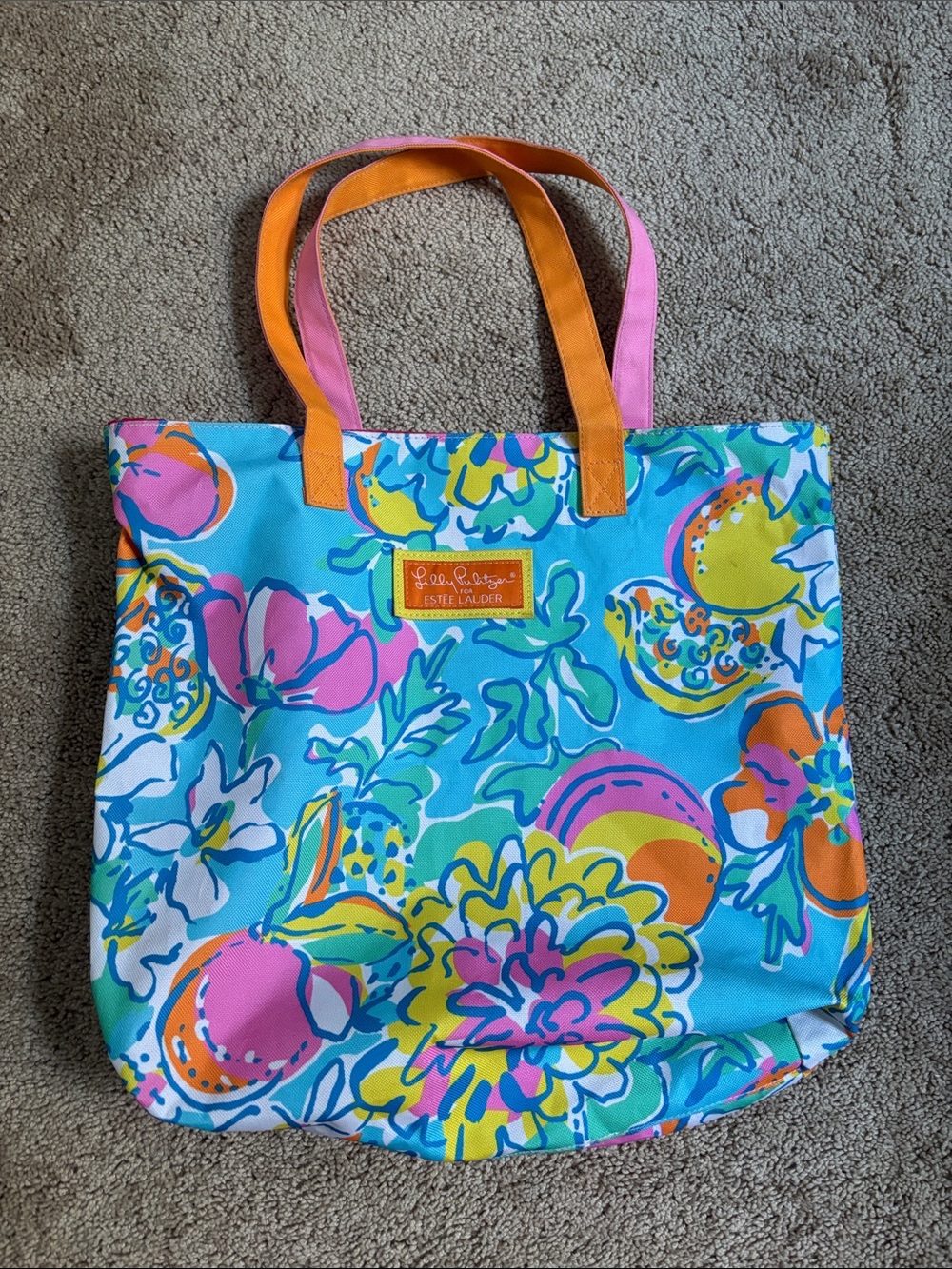 Lilly Pulitzer Bright Blue Floral Canvas Tote with Pink and Orange Straps